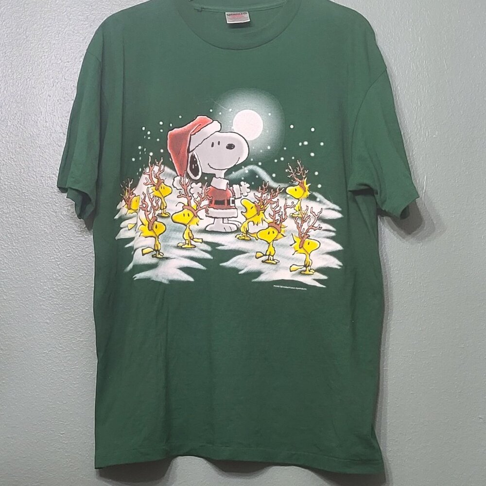 90s Oneita Snoopy Santa Claus Double Sided Single Stitch T-Shirt Peanuts XL